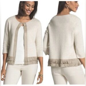 Chicos Beige M 1 Open 3/4 Sleeve Open Knit Cardigan Fringe Suede Detail